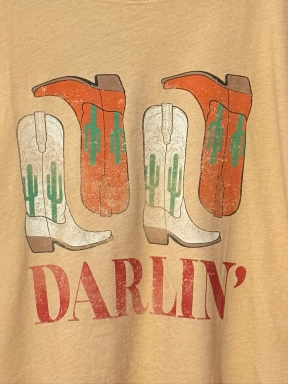 Project Social T Darlin Cowgirl Boots Graphic Tee Tan Orange Western Boho M NWT - Picture 3 of 8